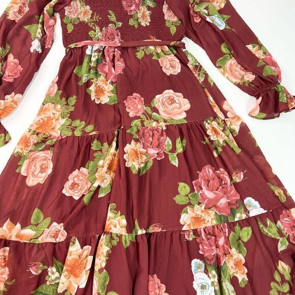 Vici Midi Dress Women XL Burgundy Floral Smocked Square Neck Belted Waist Tiered - Picture 2 of 12